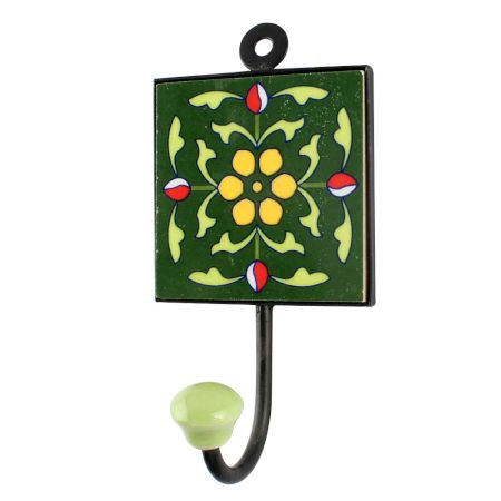 Ceramic Floral Tile Hook in Forest Green